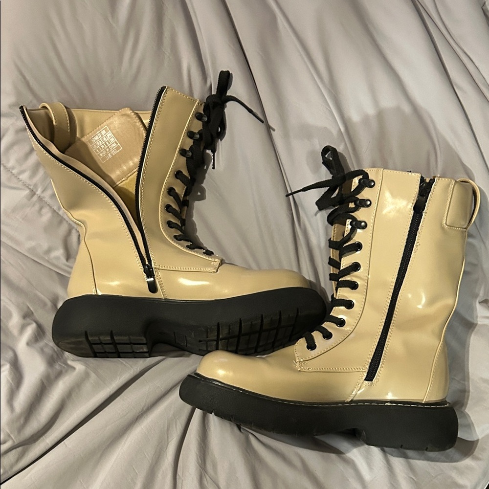 Dream Pairs Cream Combat Boots with Black Soles